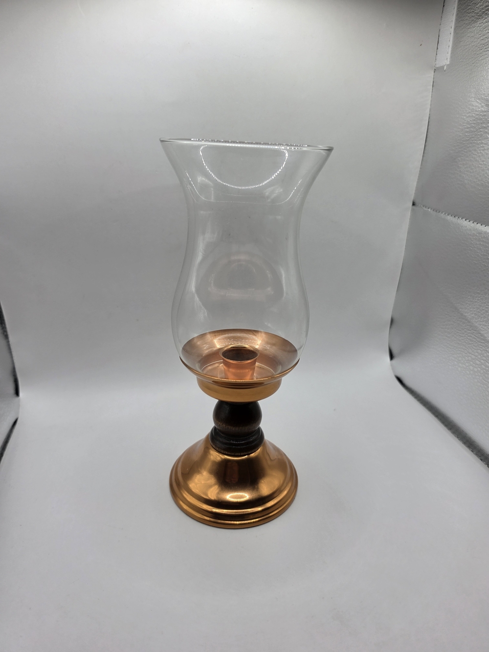 Vintage Solid Copper and Wood Hurricane Candle Holder with Glass Chimney